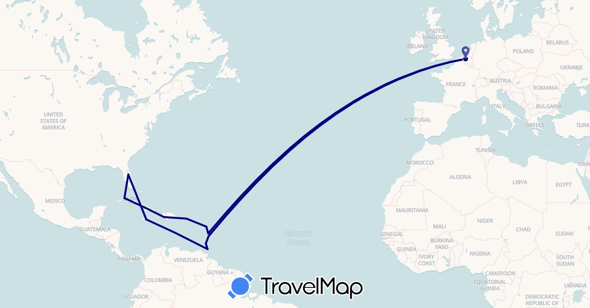 TravelMap itinerary: driving in Belgium, Cuba, Grenada, Guadeloupe, Haiti, Jamaica, Saint Lucia, Martinique, Puerto Rico, Trinidad and Tobago, United States (Europe, North America)